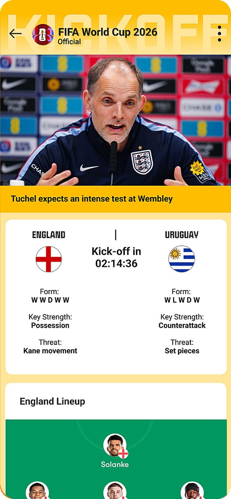 360Sports Score vertical — a FIFA World Cup 2026 match centre showing England versus Uruguay, team form and the England lineup.