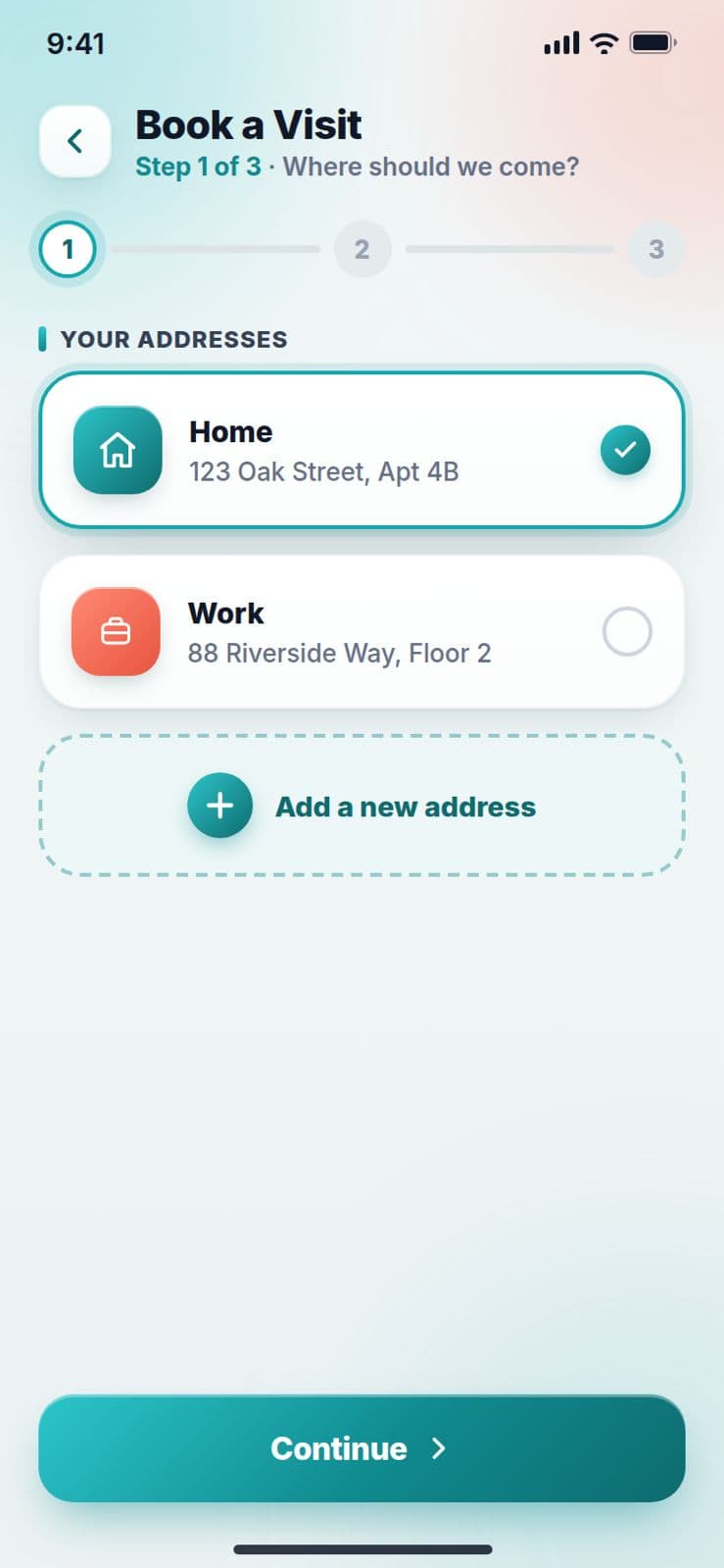 Pryvate Location — Book a Visit screen choosing a saved address