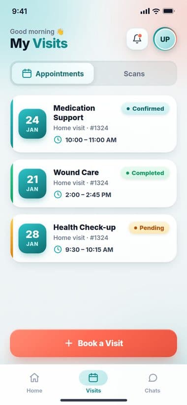 Client app appointments list: upcoming and past visits with their date, type, reference and confirmed, completed or pending status.